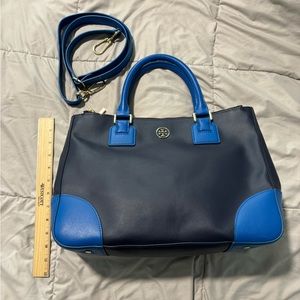 Tory Burch Robinson navy & royal blue color block Double Zip Tote